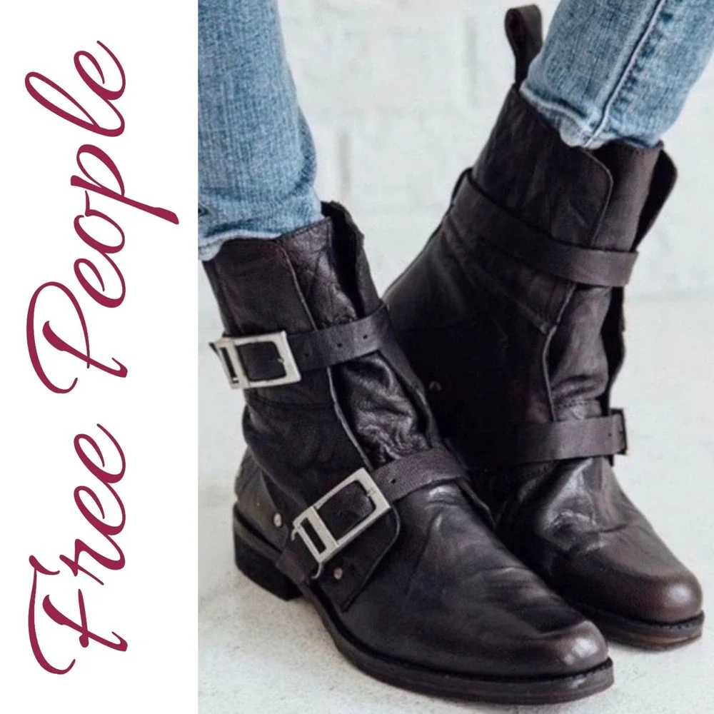 Free People Outsider Leather Double Buckle Moto Combat Boots Black Studded EU 39